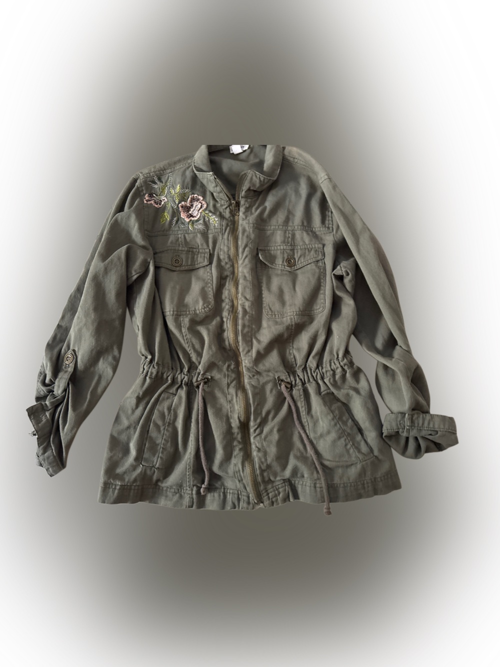 Westport Olive Green Utility Jacket with Floral Embroidery